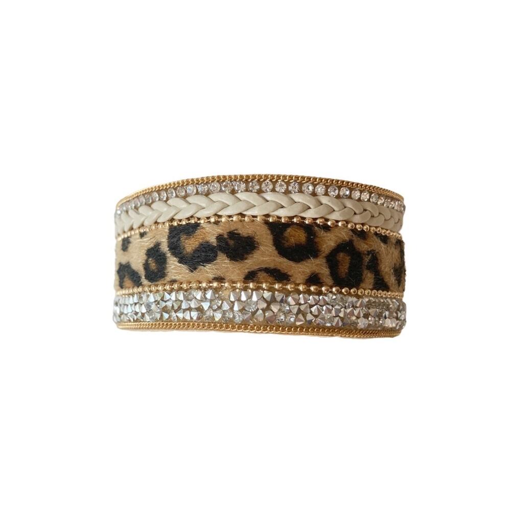 Glam Old Money Leopard Leather Gold Braided Sparkling Crystals Wrap Bracelet